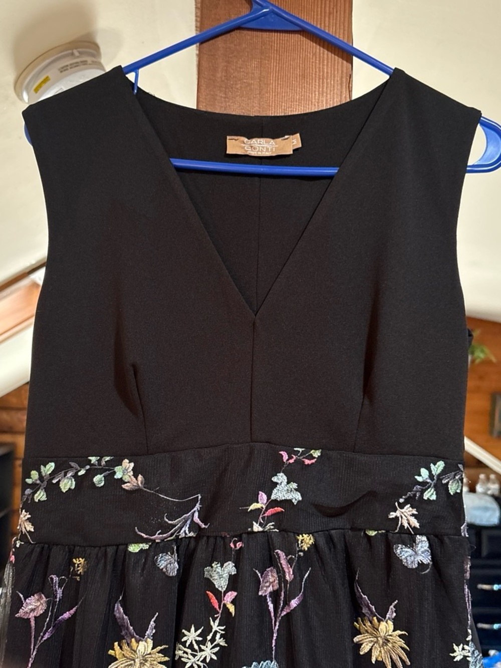 Carla Conti Black V-Neck Embroidered Floral Dress